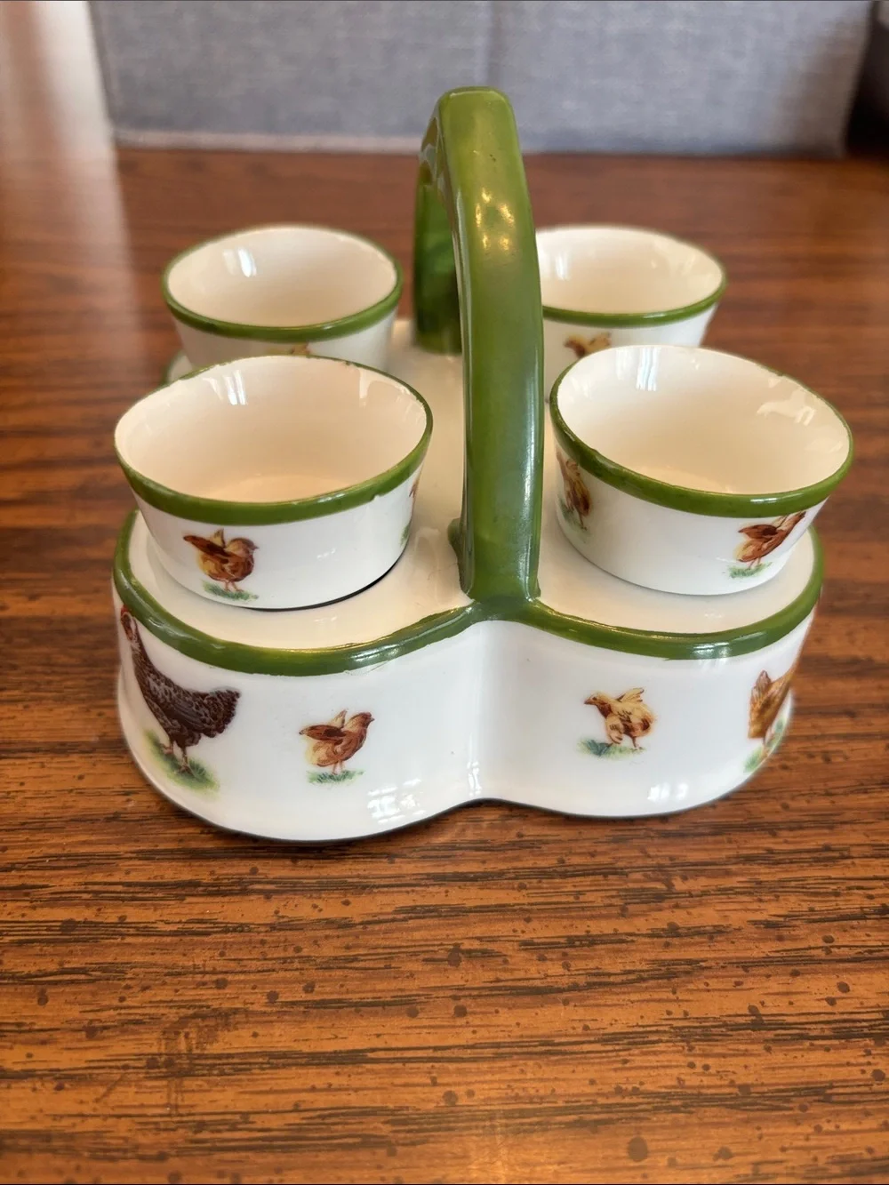 Ceramic Egg Cup Set with Green Trim and Rooster Motif